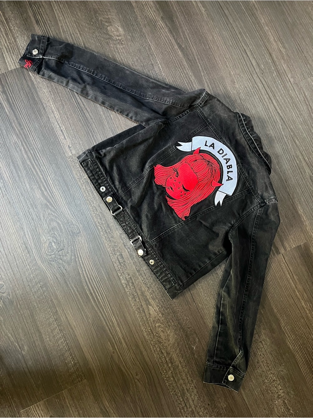 Women’s Valfre Black Denim Jacket | La Diabla Patch On Back | Size: M